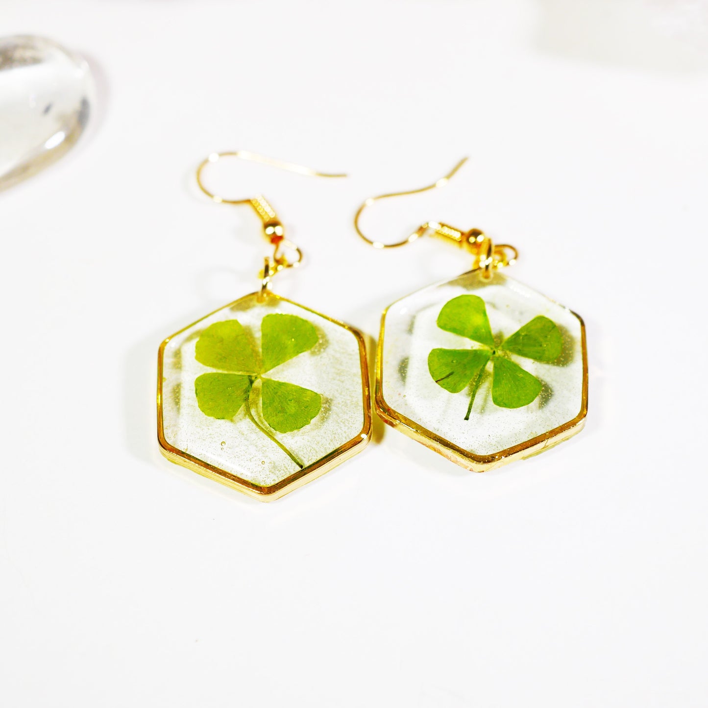 Load image into Gallery viewer, Four Leaf Clover Hexagon Earrings
