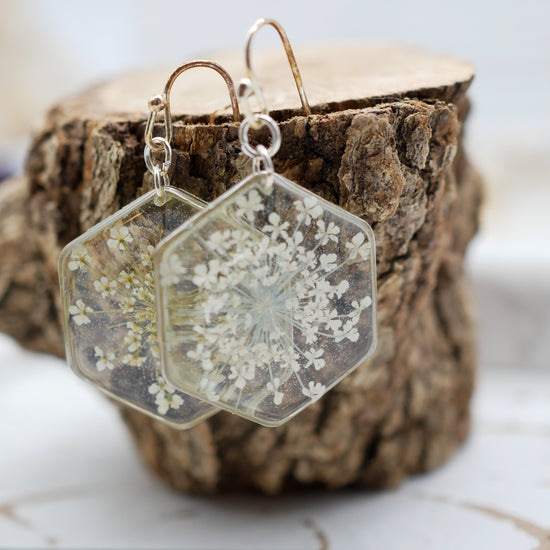 White Queen Anne’s lace hexagon earrings