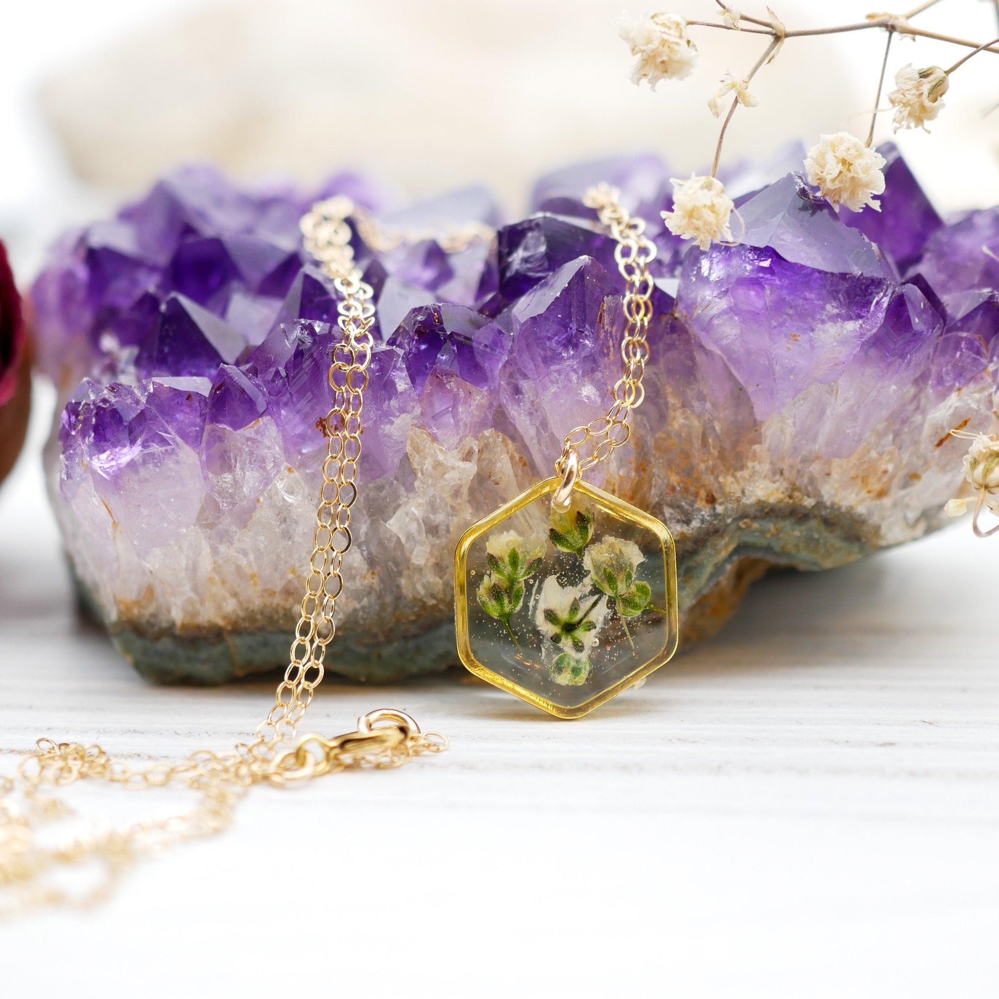Tiny Baby's Breath Hexagon Necklace